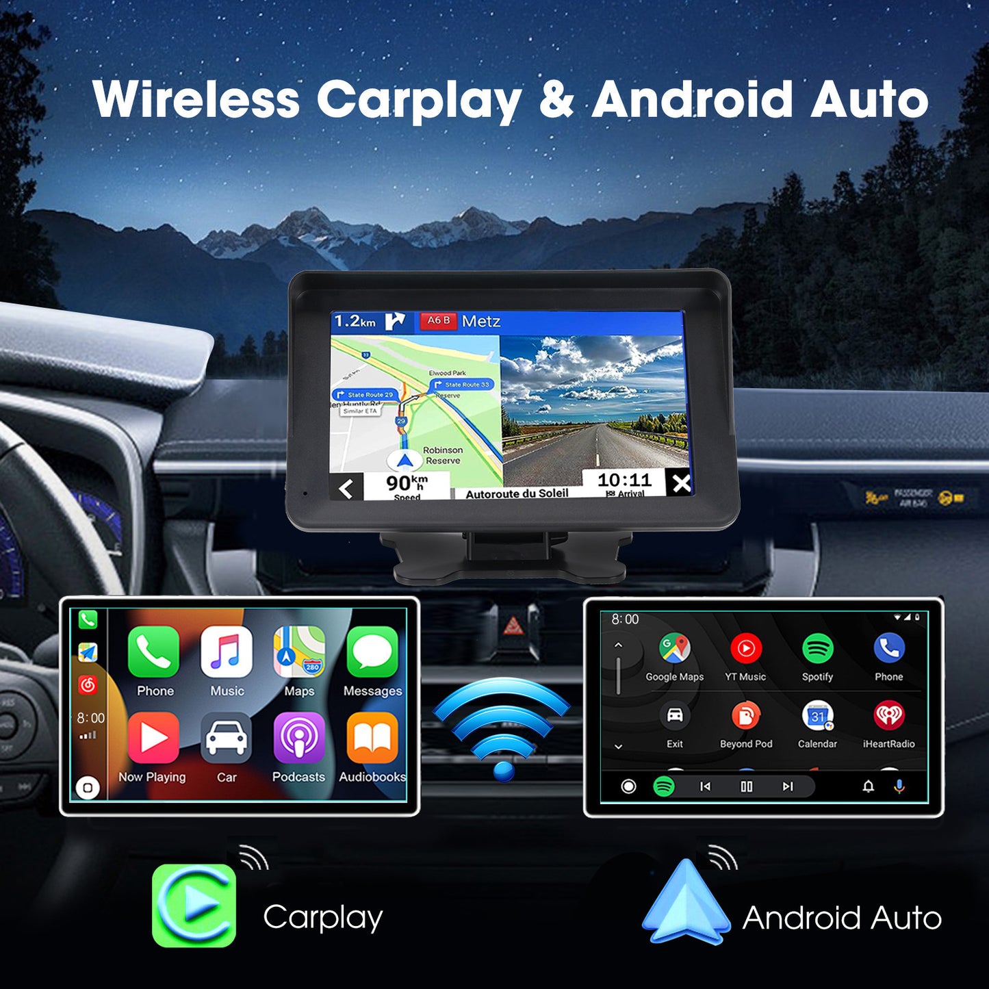 7inch Wireless Carplay Display GPS Navigation FM Transmitter